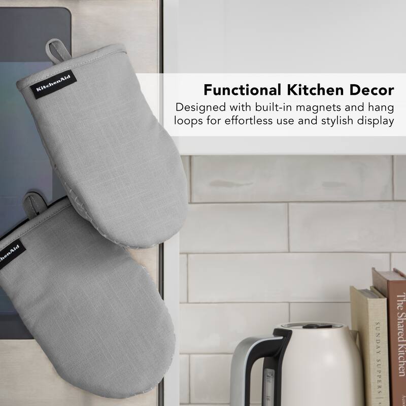 KITCHENAID Gourmet Series Gridlines Mini Oven Mitts 2-Pack Set, Heat Resistant up to 600°F, Soft Silicone Grip, Magnetic Cuff