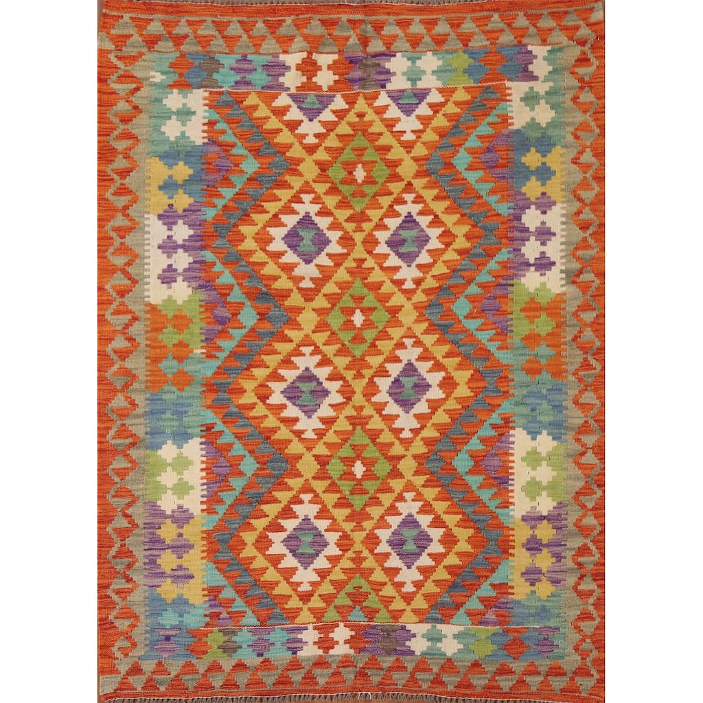 Hand Woven Oriental 100% Wool Carpet Southwestern Geometric Multi-Colored Kilim Area Rug - 6' 2'' X 4' 10''
