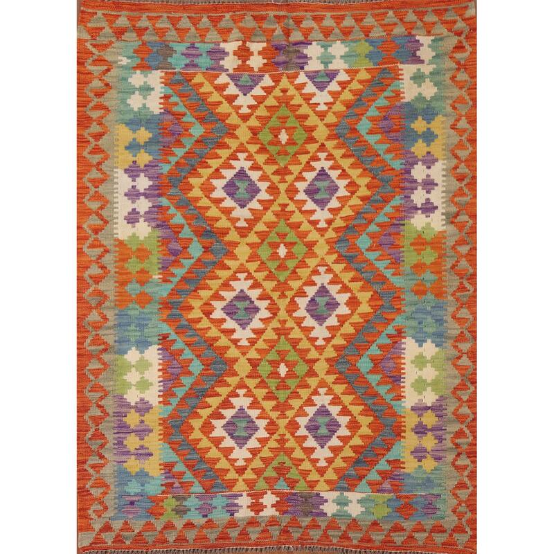 Hand Woven Oriental 100% Wool Carpet Southwestern Geometric Multi-Colored Kilim Area Rug - 6' 2'' X 4' 10''