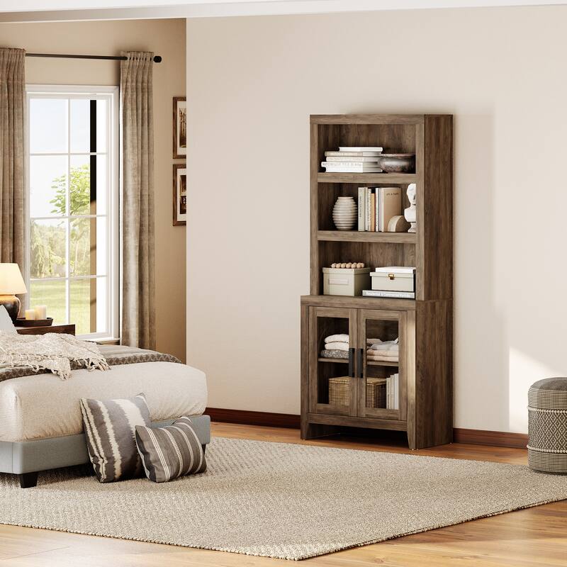 WAMPAT 3 Tier Bookshelf with Glass Door, 74" Tall Bookcase with Adjustable Shelf and Storage Cabinet, Farmhouse Wooden Bookshelf