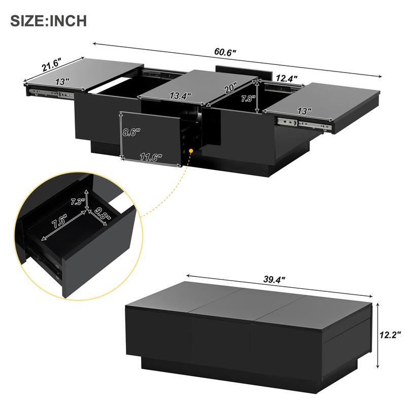 Modern Stylish Coffee Table Extendable Coffee Table with 2 Large Storage Compartments 2 Drawers, for Living Room