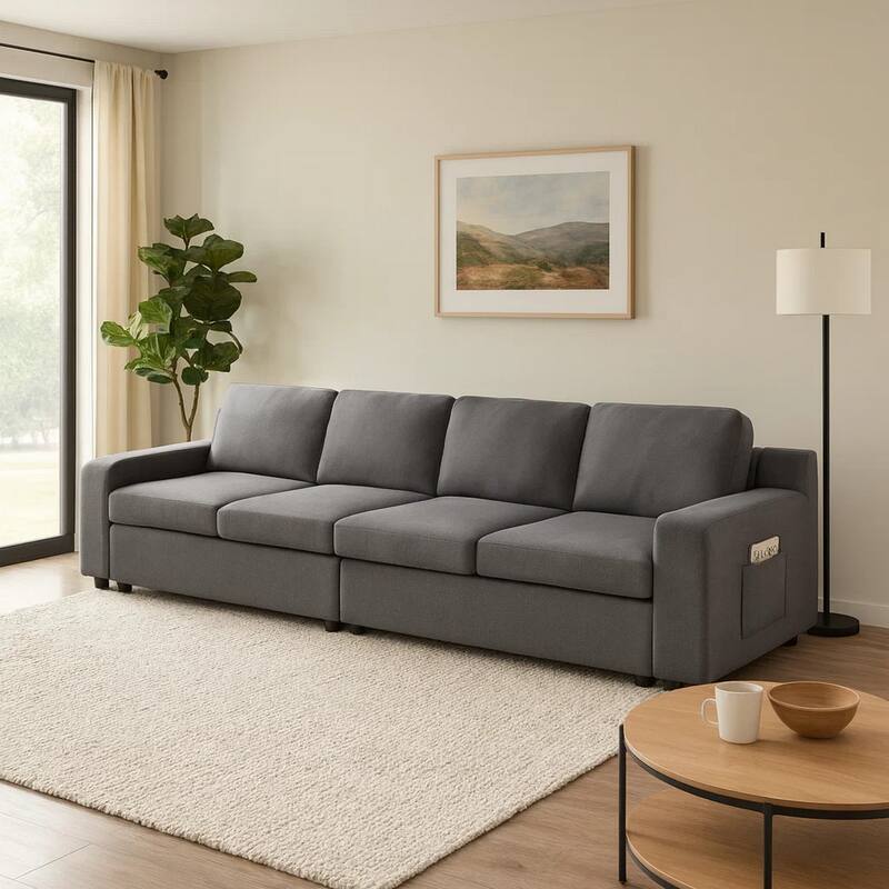 Cas 119 Inch Modular 4 Seater Sofa with Side Pockets, Gray Linen Upholstery