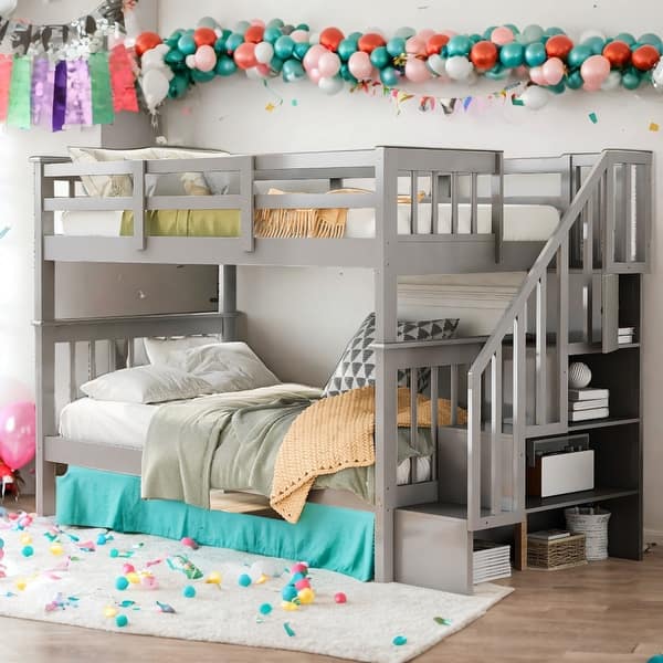 slide 2 of 12, Modrem Twin Over Twin Bunk Bed With Storage and Guard Rail For Bedroom,Kids Grey