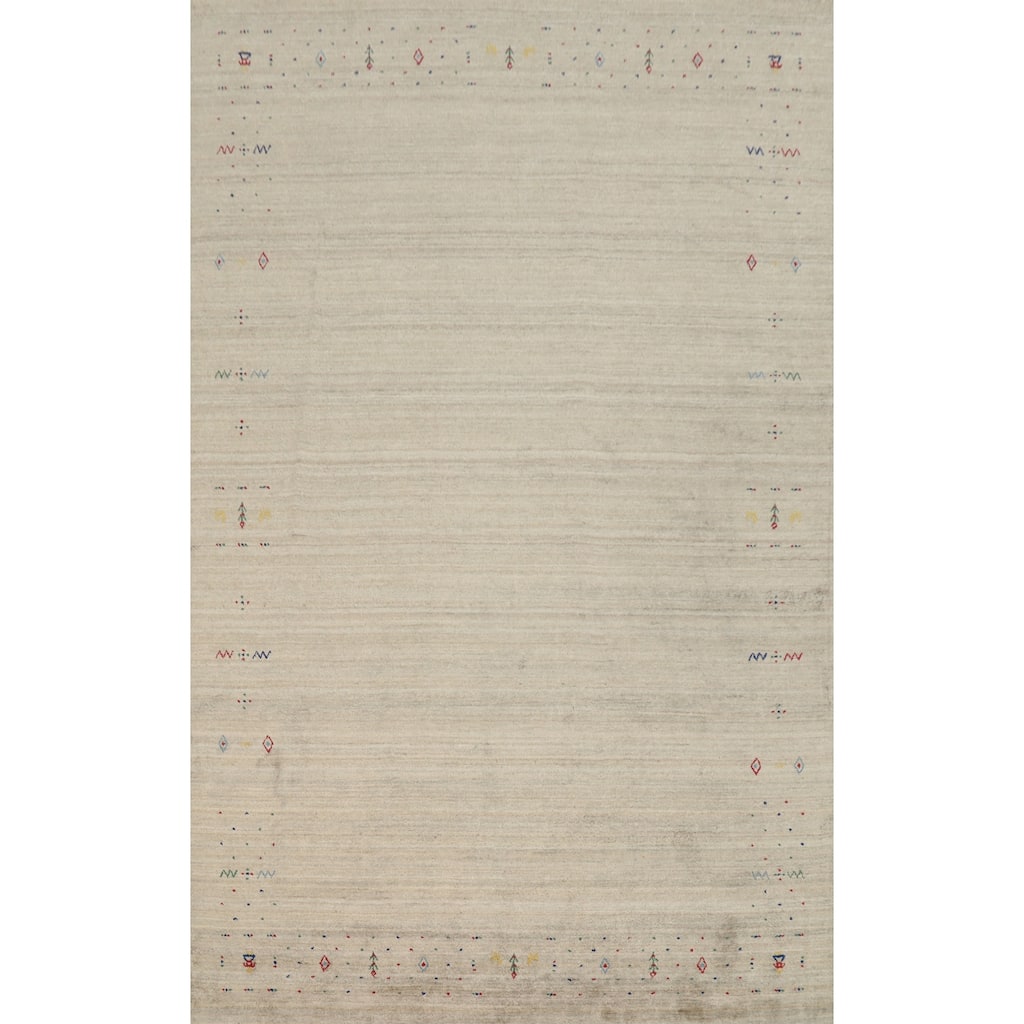 Hand Knotted Oriental Viscose Silk Carpet Tribal Animal Pictorial Beige & Ivories Gabbeh Area Rug - 12' 0'' X 8' 0''