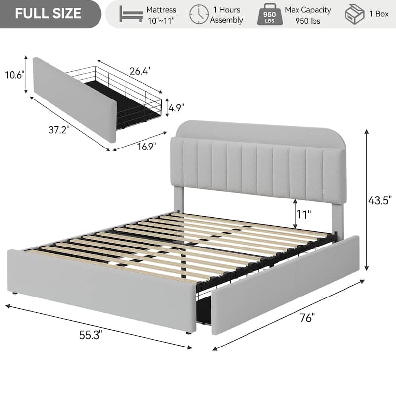 Twin/Full Bed Frame with 2 Flexible Drawers and Bookcase Headboard, Boucle Upholstered Platform Bed for Boys/Girls