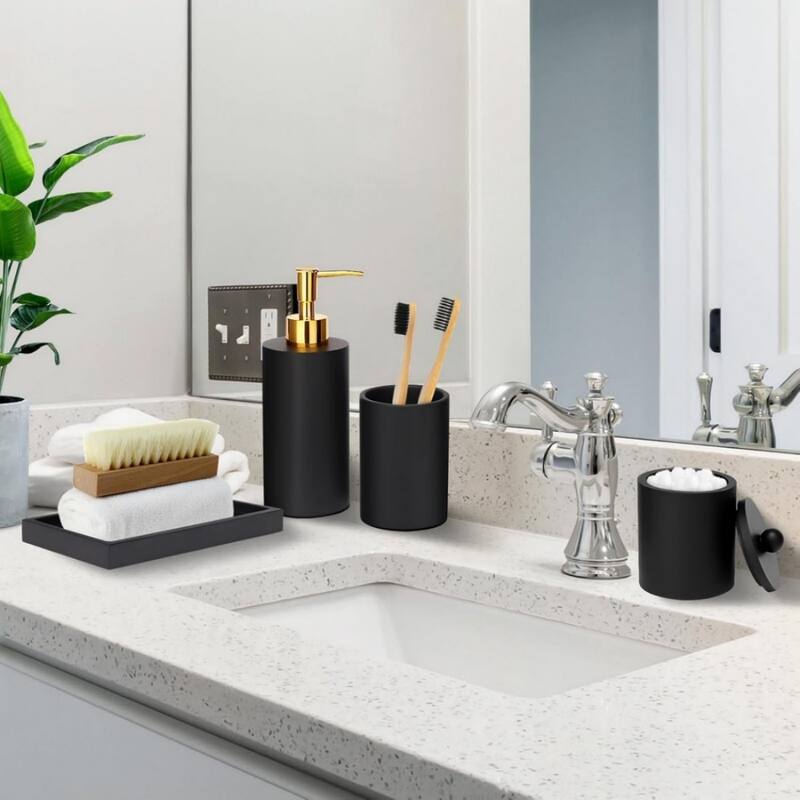 4-piece bathroom accessories set with soap dispenser, toothbrush holder, medicine bottle, tray
