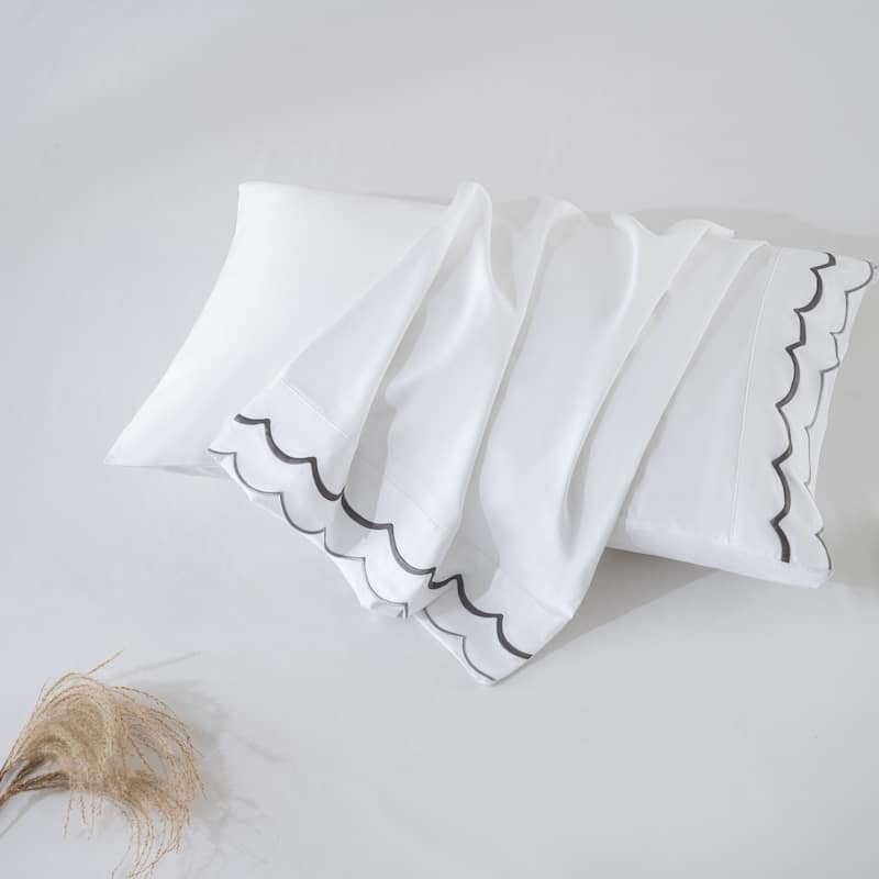 Luxury Hotel Style 400TC Cotton Pillowcases, Scallop Embroidery, 2Pack, 20x30"
