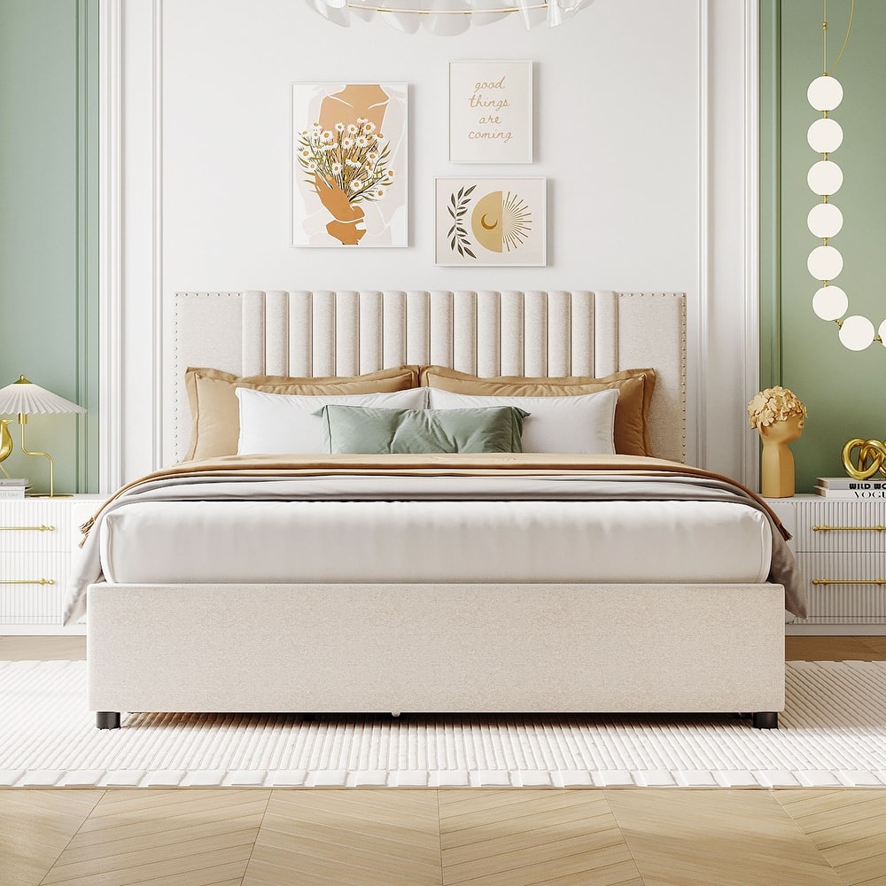 Linen Upholstered Platform Bed Vertical Lines Headboard with Nailhead Trim, Wood Panel Bed Frame 2 Drawers & Trundle Bed