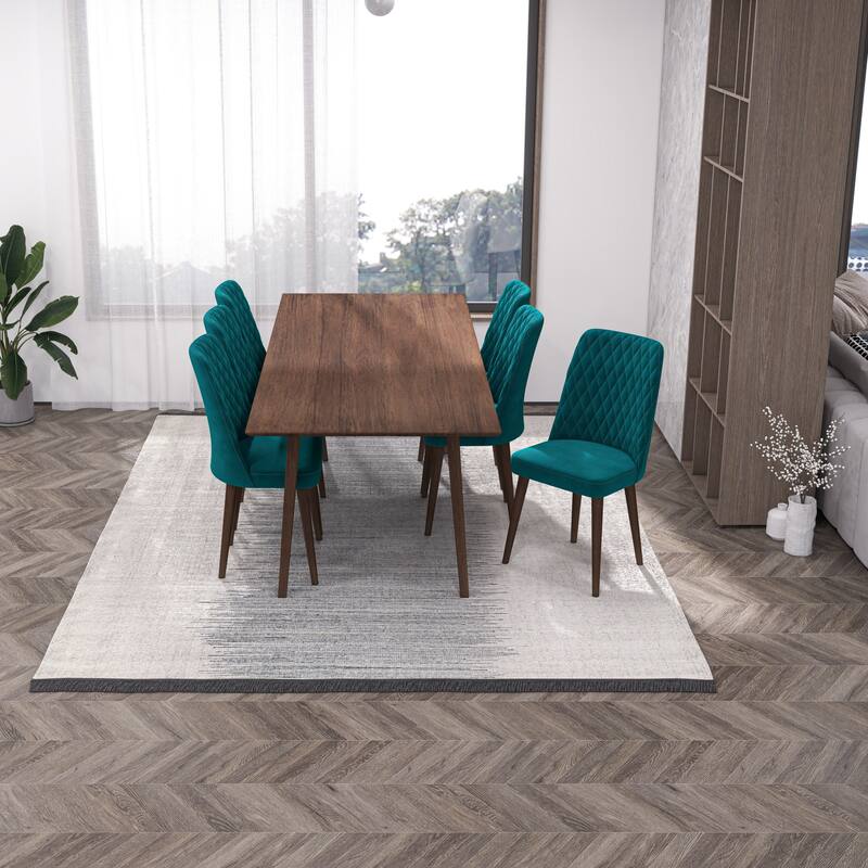 Adrian 7-Piece Mid-Century Dining Set with 6 Velvet Dining Chairs in Teal