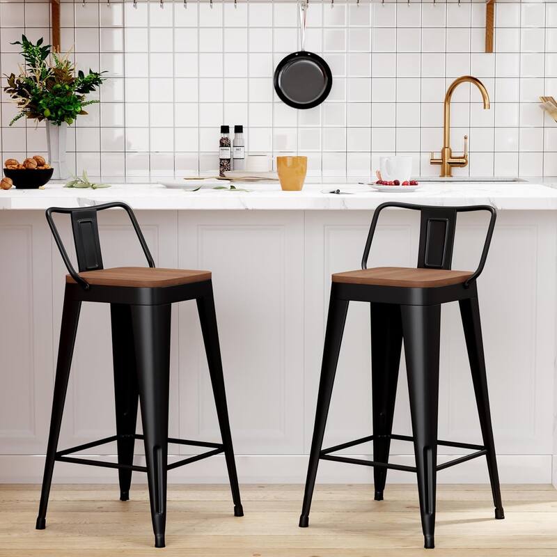 Counter & Bar Stools with Metal Frame Kitchen Stools with Low Back Kitchen Bar Furniture Stools with Square Wooden Seat - Set of 2 - Black - Bar Height