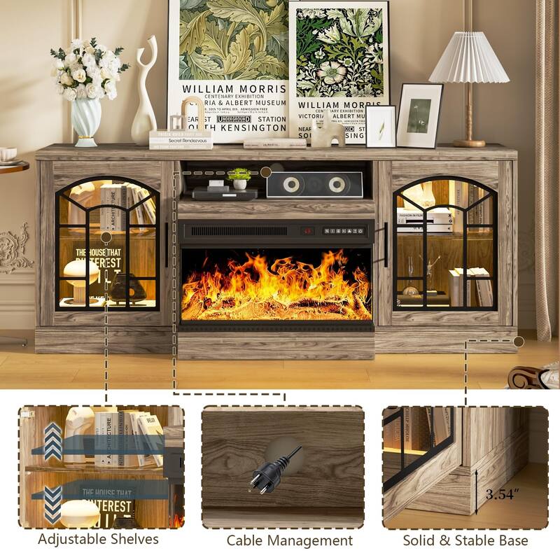 Waleaf 60" Fireplace TV Stand with 3-Sided Glass Fireplace, Farmhouse Entertainment Center Modern Console