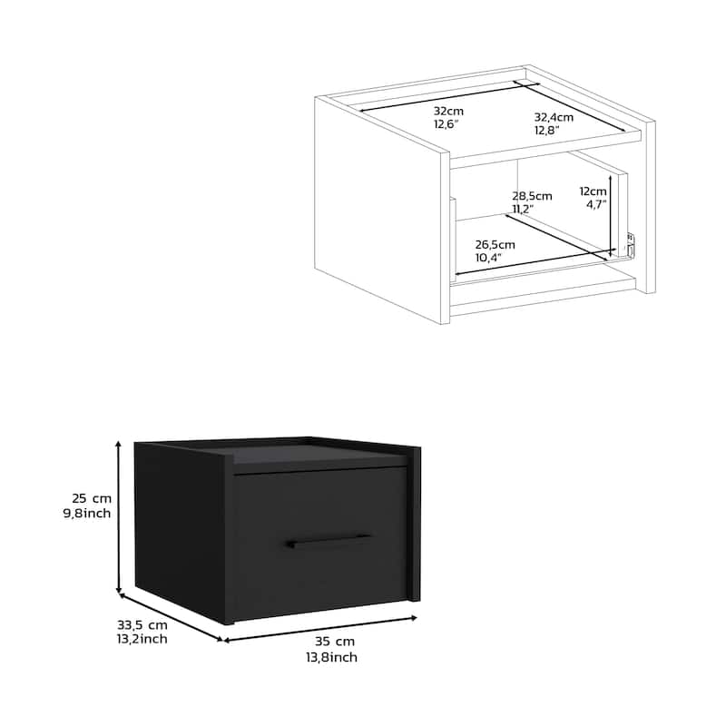 Black Modern Floating Nightstand, Space-Saving Design with Convenient Drawer and Black pull Handle.