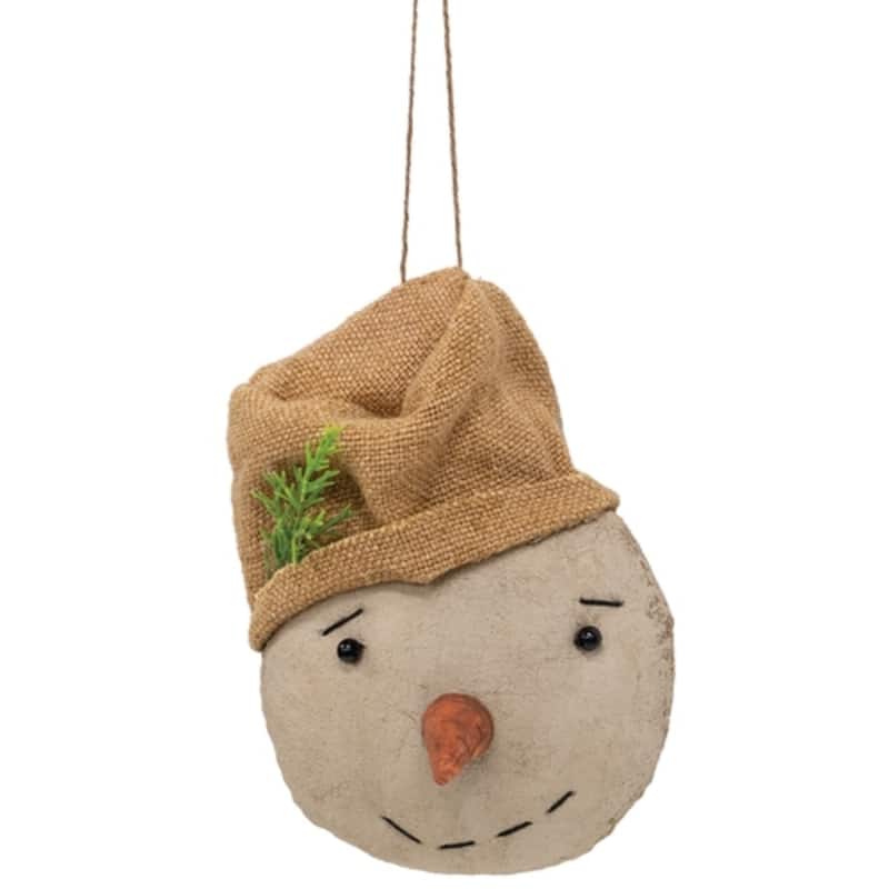 Stuffed Primitive Beige Hat Snowman Ornament for Christmas Tree - 5" x 3" x 3.25" - Beige