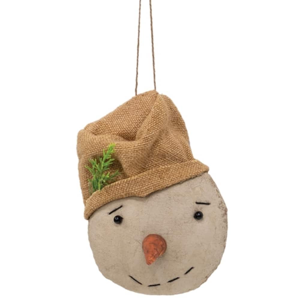 Stuffed Primitive Beige Hat Snowman Ornament for Christmas Tree - 5" x 3" x 3.25"