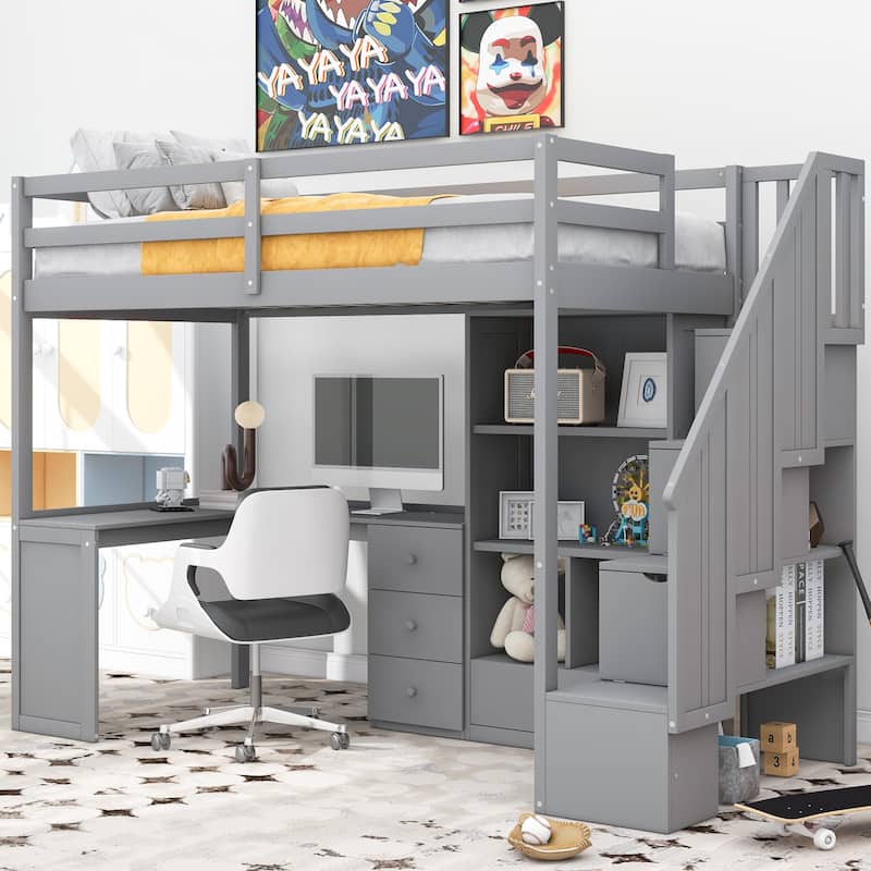 Twin Size Loft Bed with L-Shaped Desk, 3 Drawers, Cabinet & Storage Staircase, Full-Length Guardrail for Top Bunk