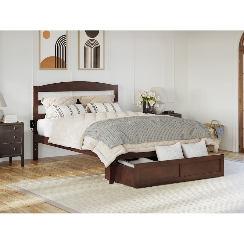AFI Warren Platform Bed with Foot Drawer and Charging Station - Walnut - Queen