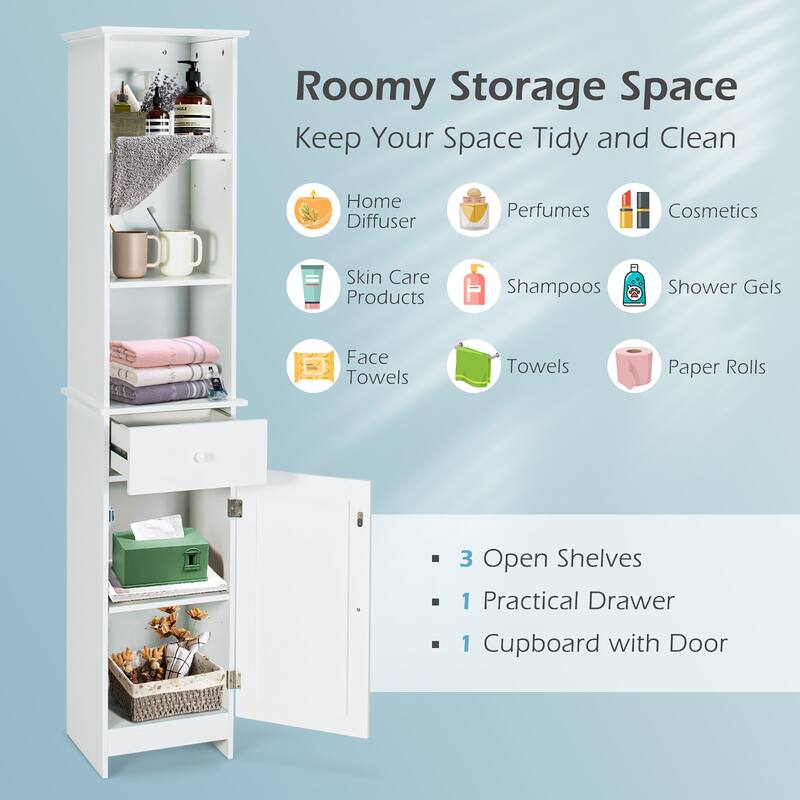 Costway Bathroom Tall Storage Cabinet Freestanding Linen Tower w/ Open - See Details
