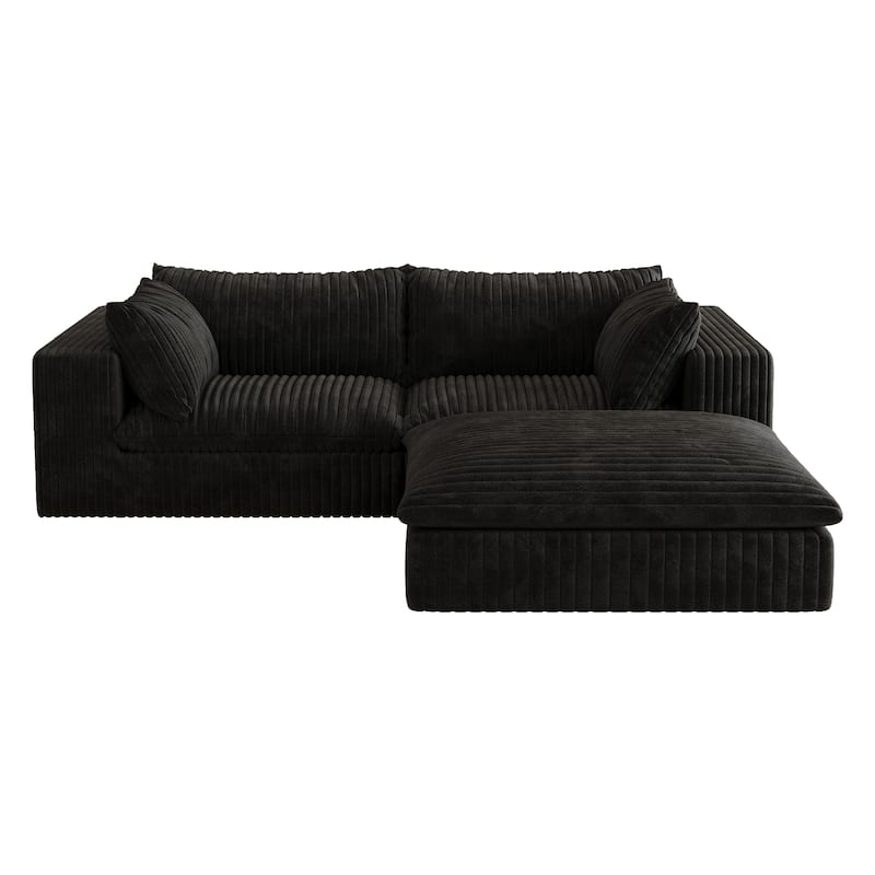 Corduroy Loveseat & Ottoman Set, L-shaped Sectional Sofa with Double-layer Seat Cushions, Modular Chaise Lounger Couch
