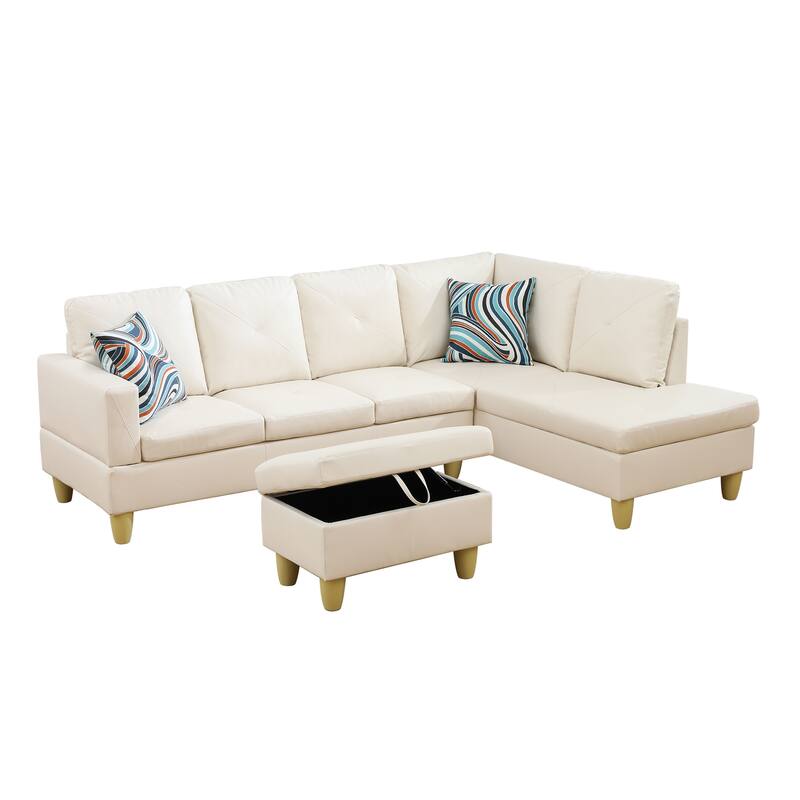 L-Shaped PU Leather Sofa & Chaise with Ottoman
