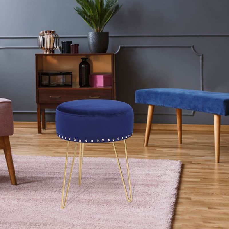Adeco Footstool Round Ottoman Velvet Dressing Stool Gold Metal Legs