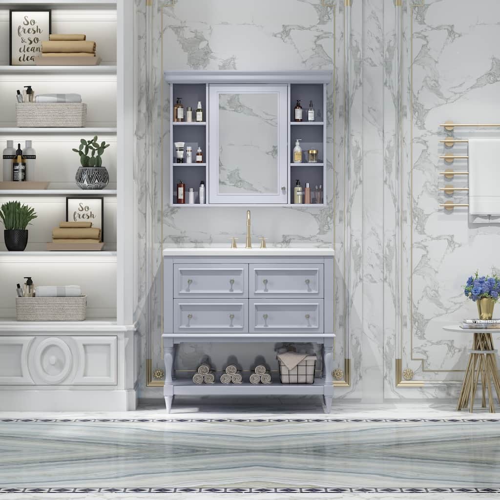 Modern Bathroom Vanity Set with Adjustable Shelf, 4 Drawers & Medicine Cabinet