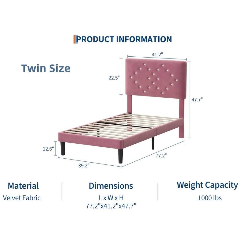 Velvet Upholstered Platform Bed Frame with Tufted Headboard