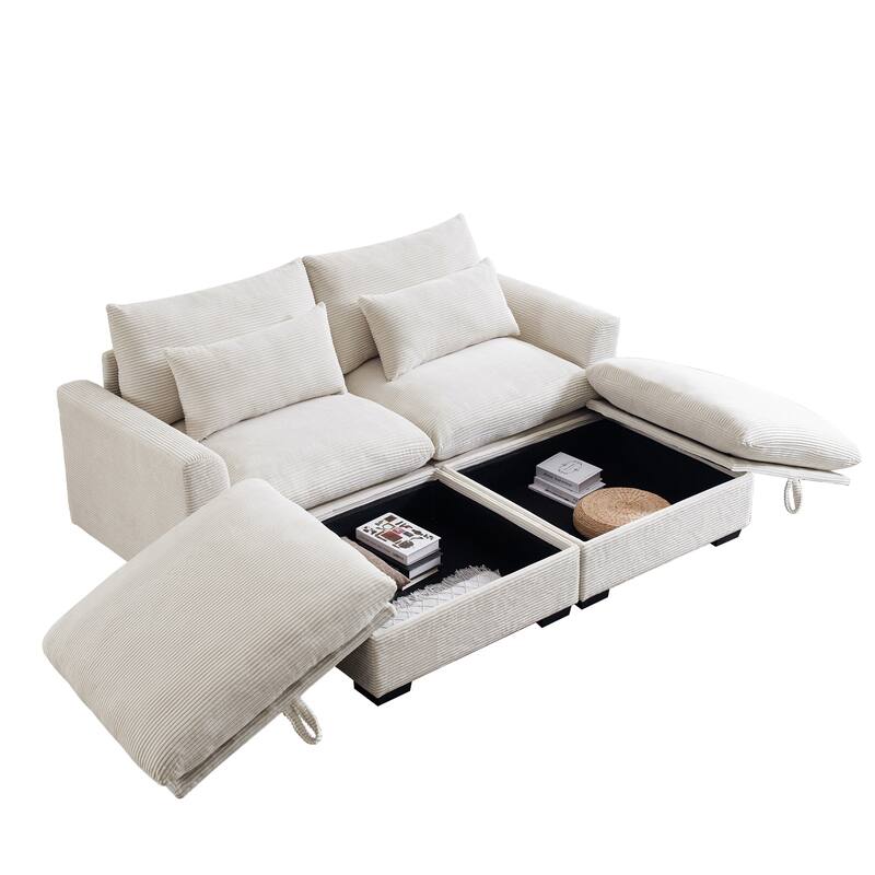Corduroy Loveseat Sofa Couch with Storage Ottomans, Modern Sectional 2 Seater Sofa with Deep Seat, Pillows for Small Spaces