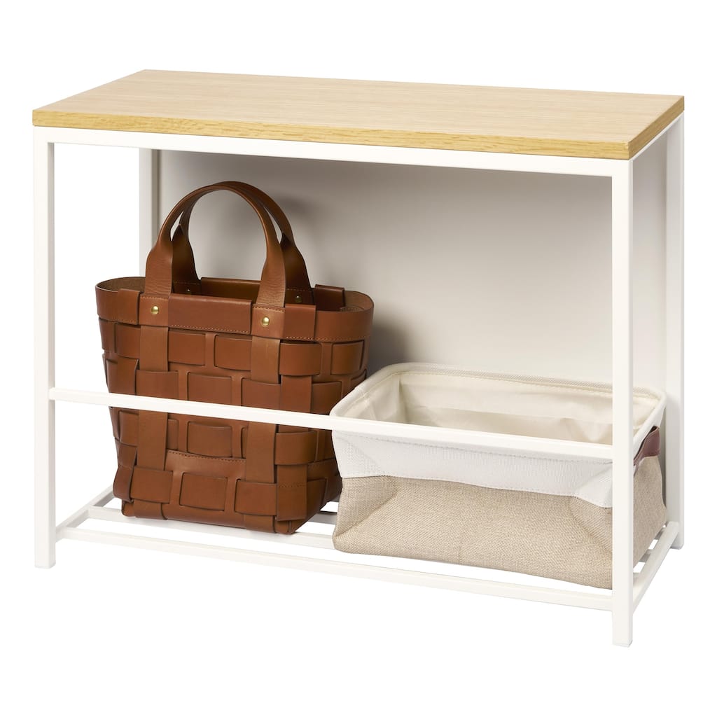 Yamazaki Home Entryway Storage Organizer and Bench, Steel and Wood - L 9.84 x W 23.62 x H 17.72 inches