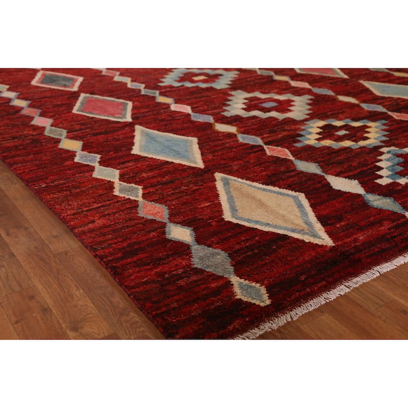 Red Geometric Moroccan Oriental Rug Hand-Knotted Tribal Wool Carpet - 8'1" x 9'9" - 8'1" x 9'9" - Red