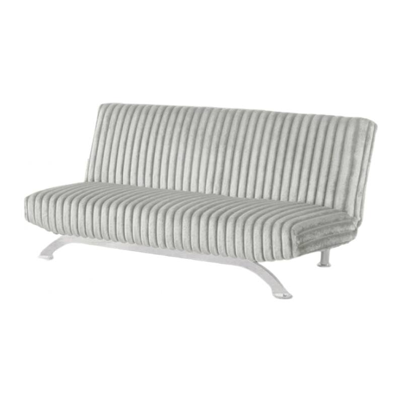 Villy Futon Sofa Bed, Chrome Metal Legs, Gray Channel Tufted Fabric