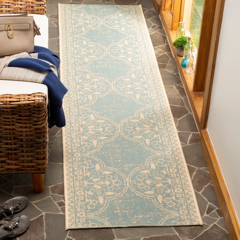 SAFAVIEH Linden Aysel Indoor/ Outdoor Waterproof Patio Backyard Rug - 2'2" x 8' Runner - Cream/Aqua