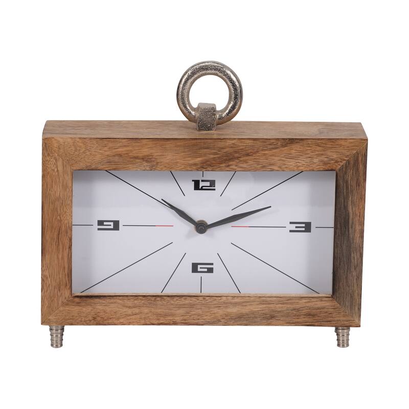 Sagebrook Home Elegance 10" Modern Rectangle Brown Table Clock, Wood, Aluminum, Glass & MDF - 10" x 3" x 9" - Wood grain Brown - 10" x 3" x 9"