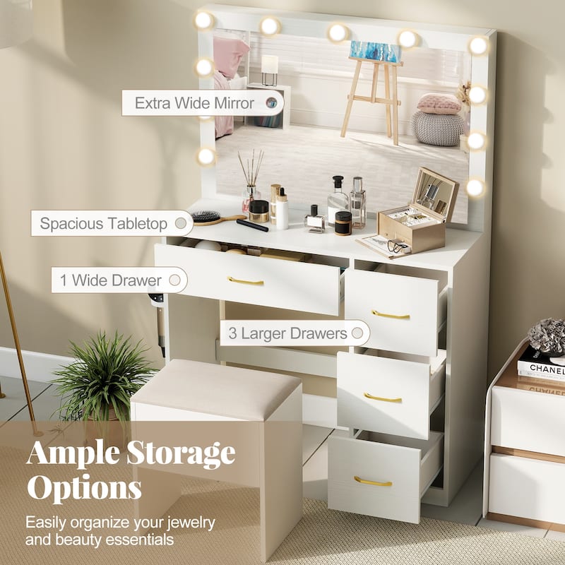 Gymax Vanity Desk with Mirror & Lights Dressing Table w/ Storage Stool