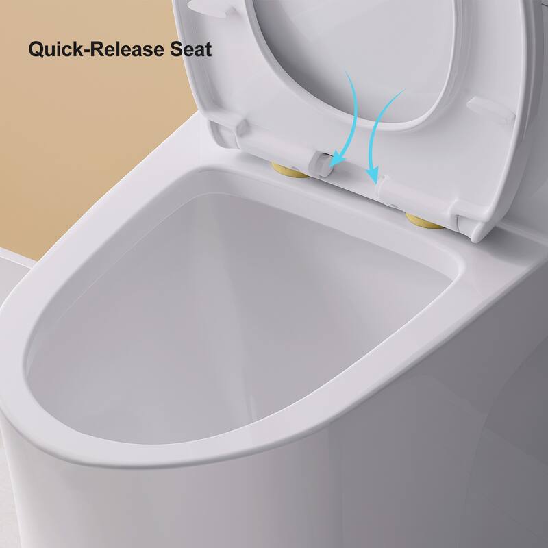 HOROW One Piece 0.8/1.28 GPF Dual Flush Elongated Toilet in White with Soft Close Seat and Gold Accent Button