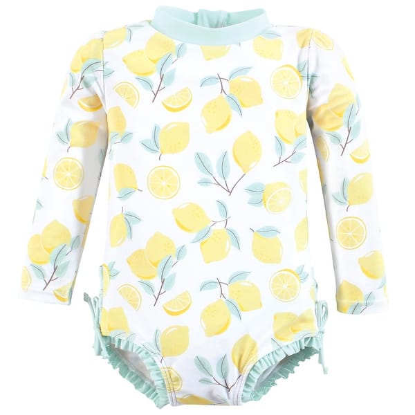 slide 1 of 1, Hudson Baby Girls Rashguard Toddler Swimsuit, Mint Lemons 2T - Mint Lemons Toddler