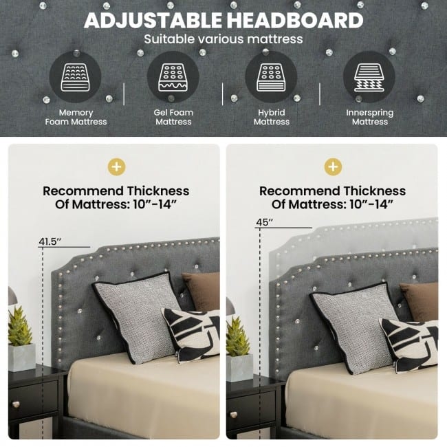 Upholstered Bed Frame with Adjustable Diamond Button Headboard
