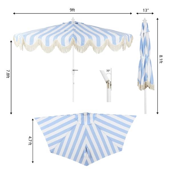 dimension image slide 11 of 12, 9ft Half Market Umbrella, Scalloped, Crank, Tilt, UV, by JONATHAN Y