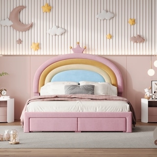 Full Size Velvet Platform Bed with Colorful Rainbow Headboard and 2 Storage Drawers, Upholstered Princess-Style Frame