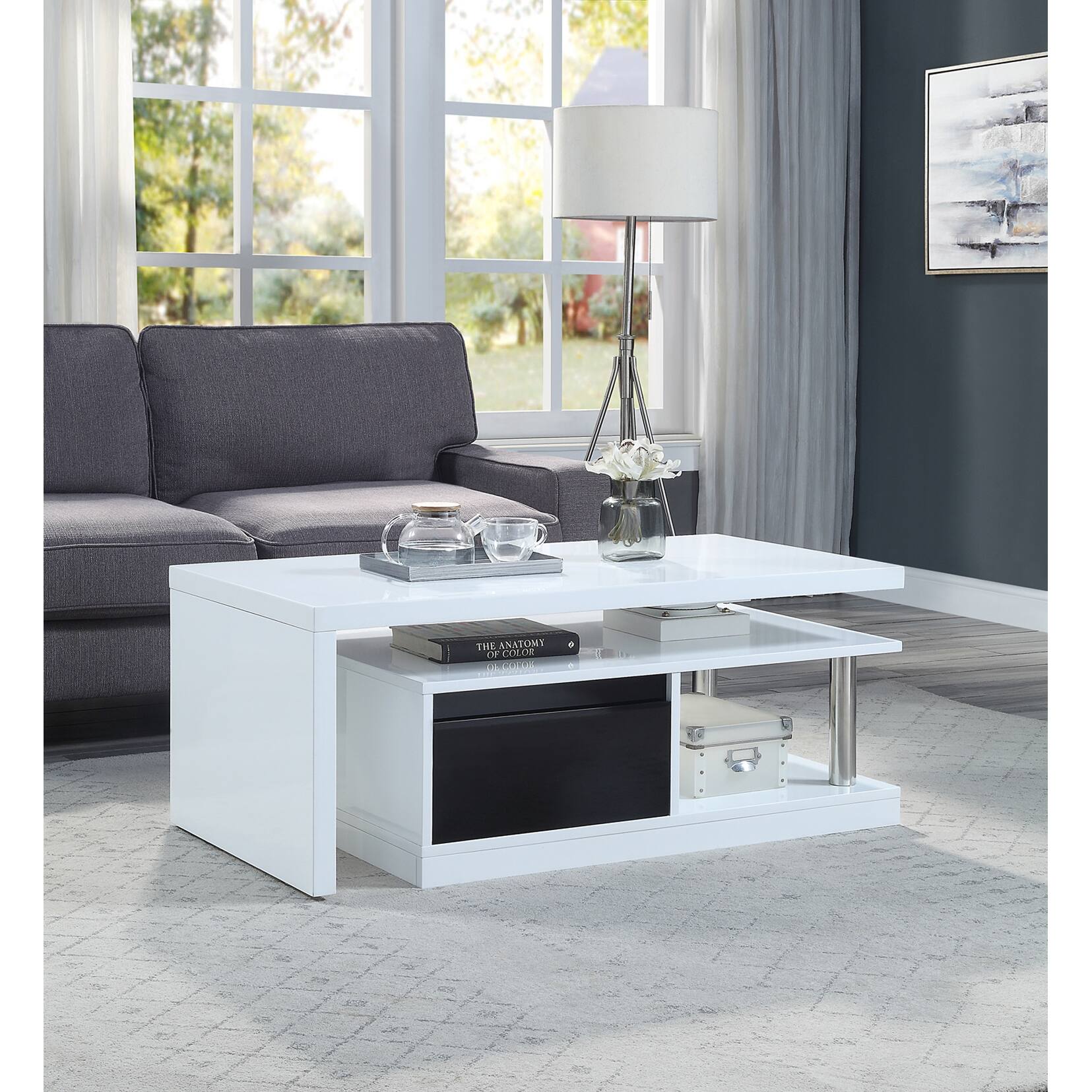 1 Drawer and 1 Open Shelf Coffee Table in White and Black High Gloss