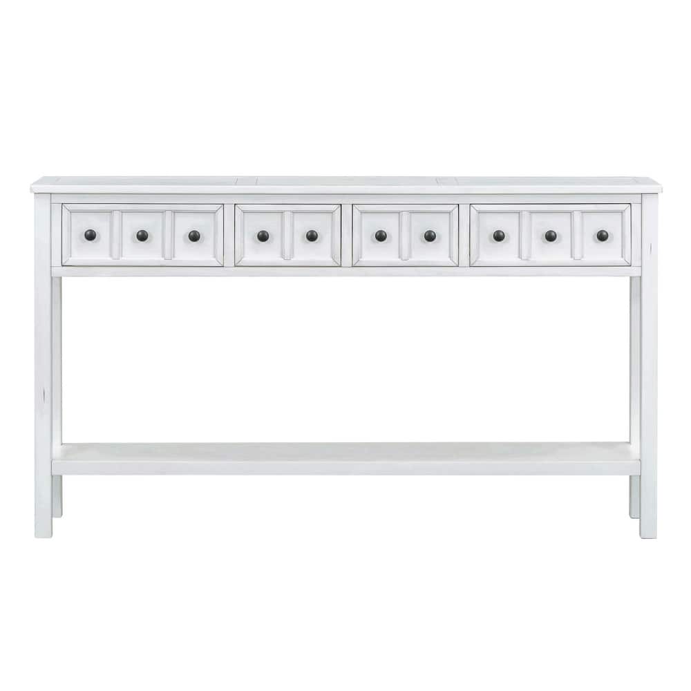 60" Extra Long Living Room Sofa Table, Solid Wood Rectangular Entryway Console Table with 4 Drawers and Open Storage Shelves