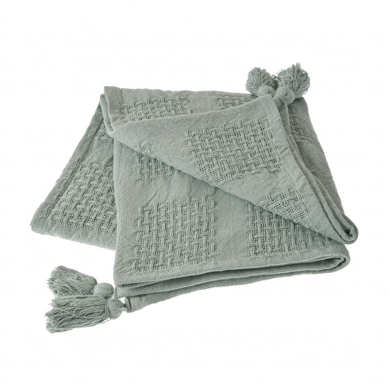 HomeRoots 50" X 60" Green Woven Cotton Throw Blanket with Tassels