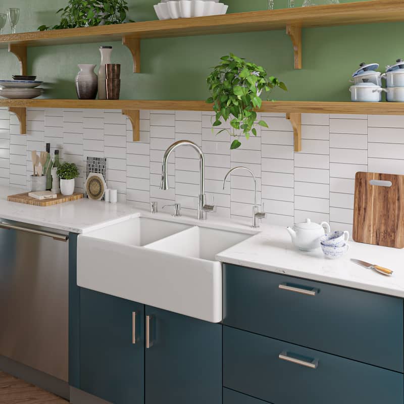 Alfi White Fireclay 32-inch Smooth Double Bowl Farmhouse Kitchen Sink