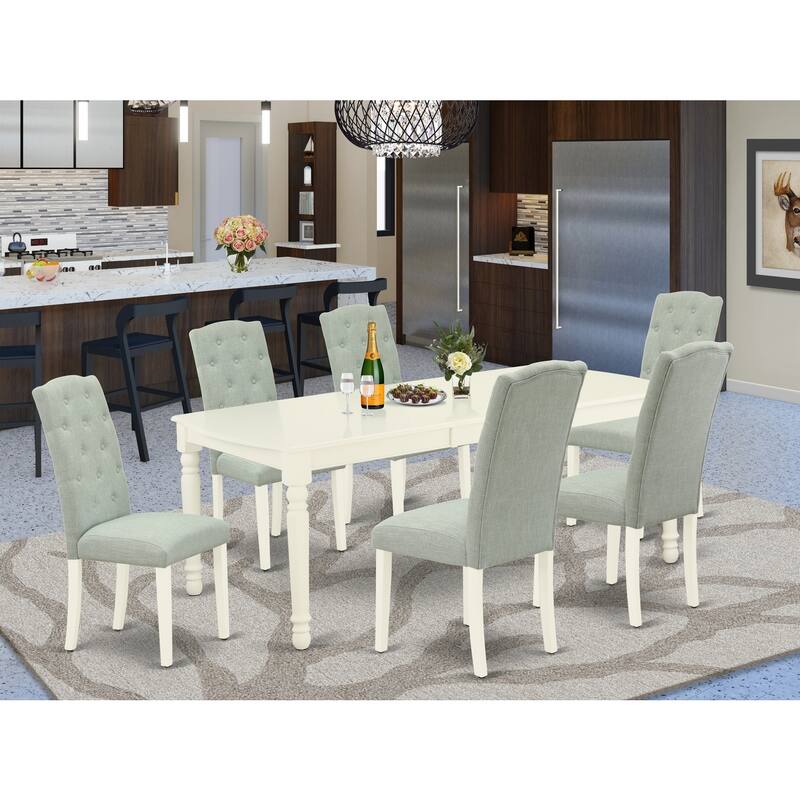 7Pc Dinette Set - Kitchen Table with Leaf & 6 Parsons Chairs - Linen White & Baby Blue - 78
