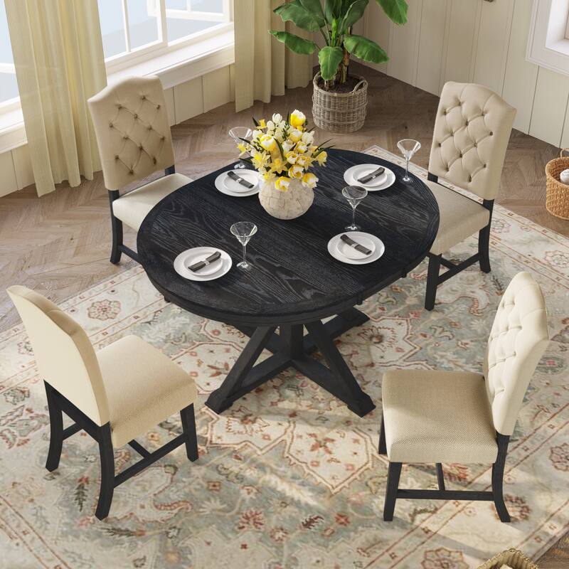 X-Cross Leg Round Dining Table Set Wooden Extendable End Table with 4 Upholstered Chairs for Dining Room & Living Room Bistro - Espresso