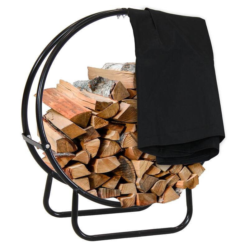 Sunnydaze Firewood Log Hoop Black Steel Easy Access Storage - Multiple Sizes - 24 Inch - Log Hoop & Cover