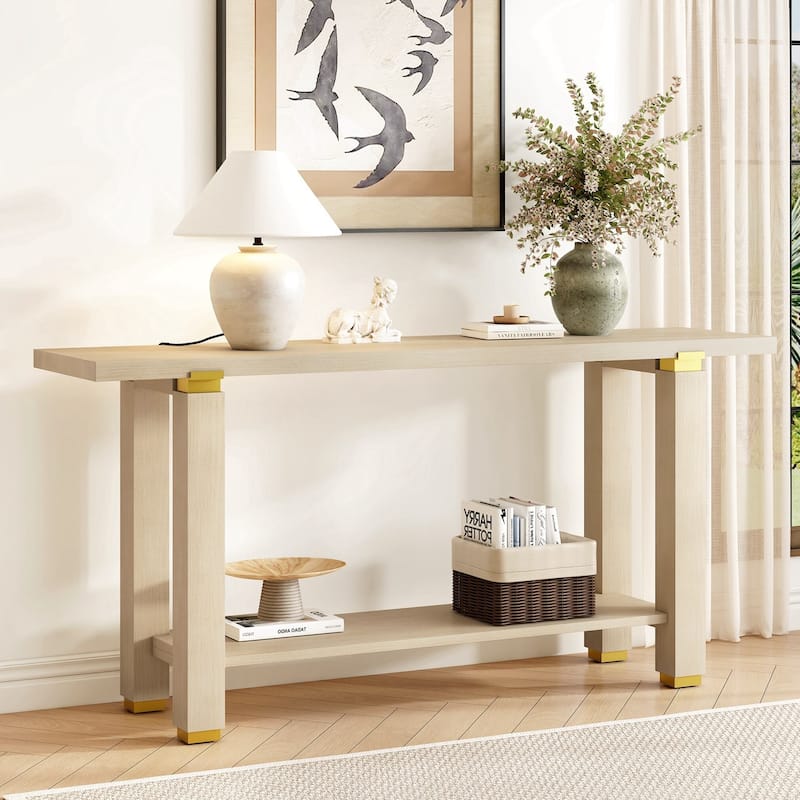 Modern Minimalist Console Table, Solid Wood Entryway Sofa Table with Metal Accents, Built-in Shelf, for Living Room, Hallway - Natural