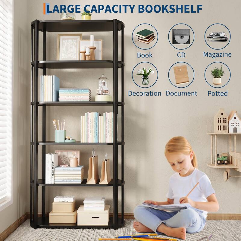 71 Inch Industrial Wooden Bookshelf - 6 Tier Tall Bookcase, Metal Frame Large Storage Shelf