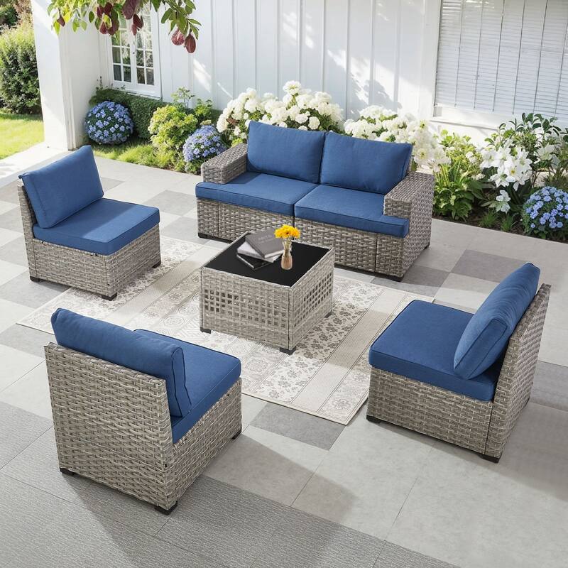 Pocassy Wicker Rattan Outdoor Sectional Sofa Patio Conversation Set - Blue Cushion - Combination 4 - Sofa with Coffee Table