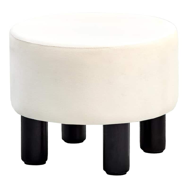 Modern Small Round Linen Ottoman Footstool with Wooden Legs for Bedroom or Living Room - White