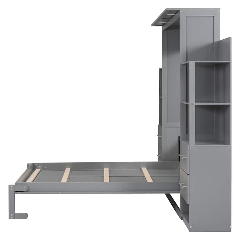 Full Size Murphy Bed Wall Bed with Shelves, Drawers and LED Lights,Gray